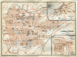 1914 Clermont Ferrand, South of France Town Plan, Antique Baedeker Map, Print