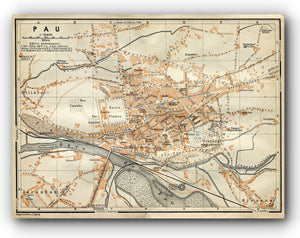 1914 Pau, South of France Town Plan, Antique Baedeker Map, Print