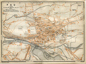 1914 Pau, South of France Town Plan, Antique Baedeker Map, Print