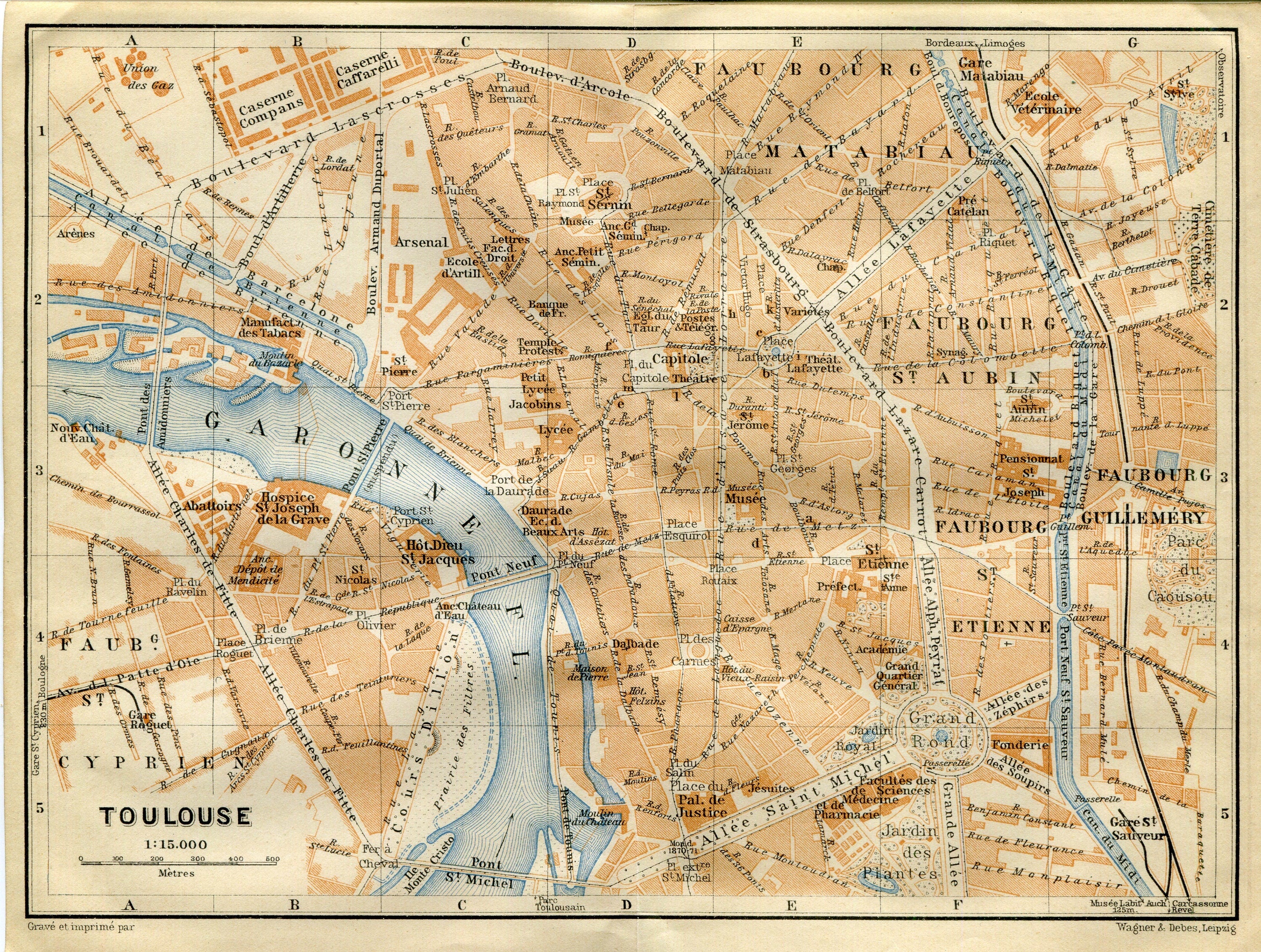 1914 Toulouse, South of France Town Plan, Antique Baedeker Map, Print