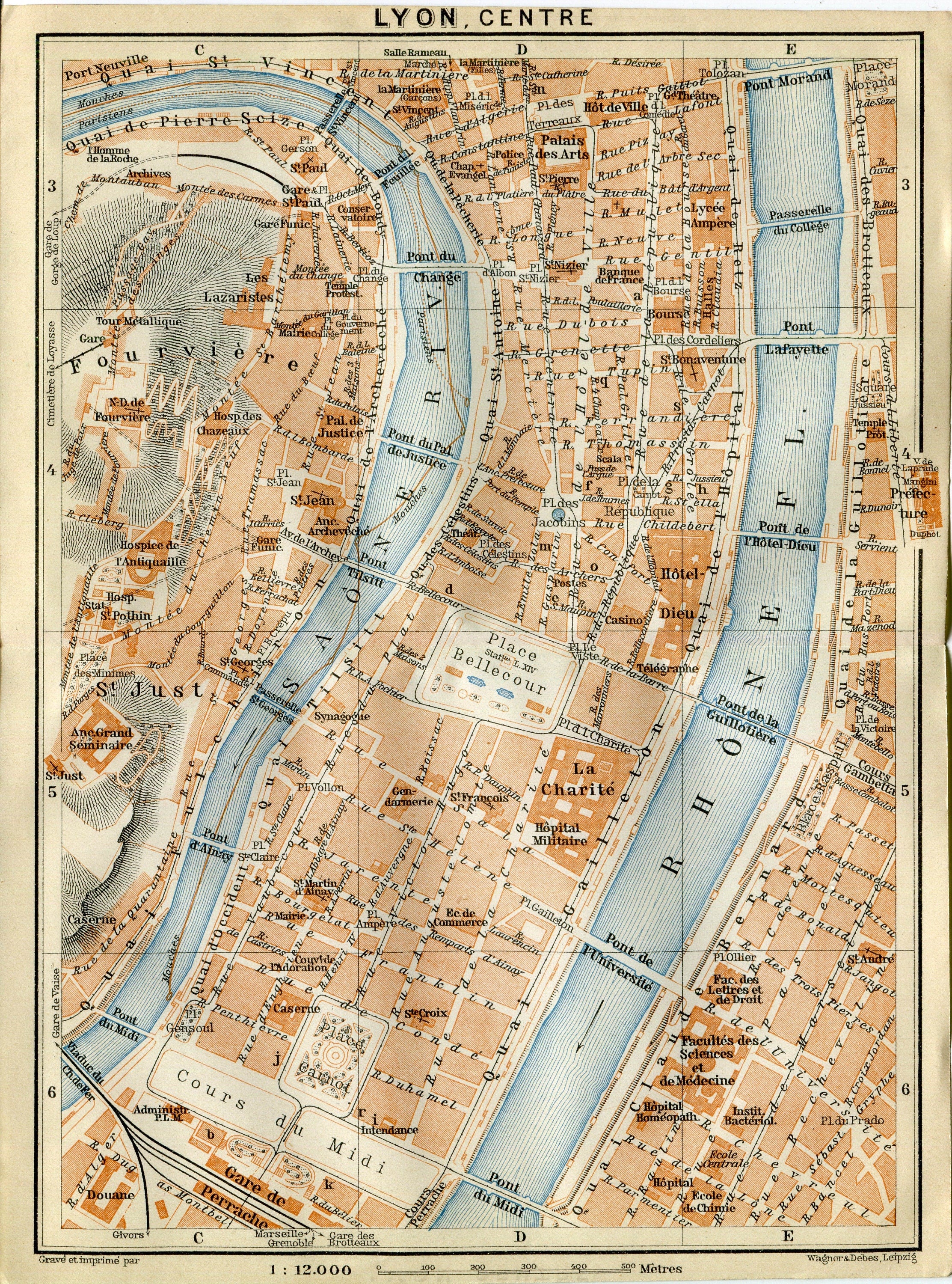 1914 Lyon, Centre, South of France Town Plan, Antique Baedeker Map, Print