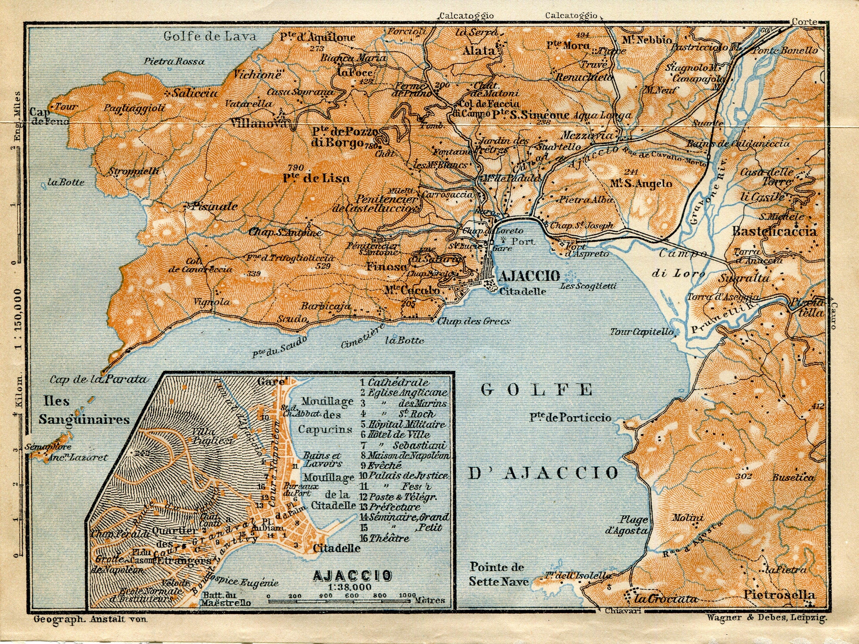 1914 Ajaccio, South of France, Antique Baedeker Map, Print