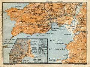 1914 Ajaccio, South of France, Antique Baedeker Map, Print