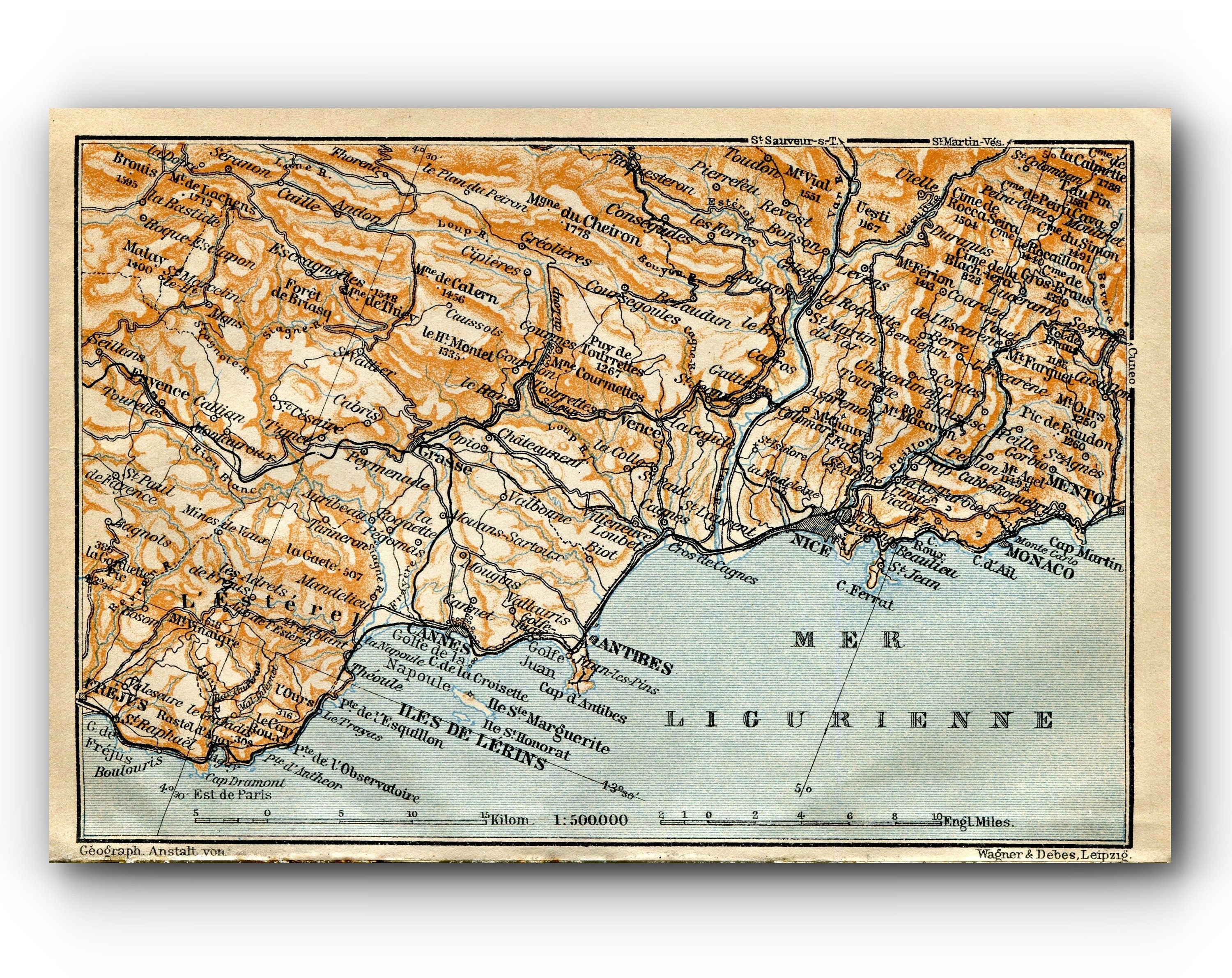 1914 Antibes, Nice, Monaco, Cannes, South of France, Antique Baedeker Map, Print