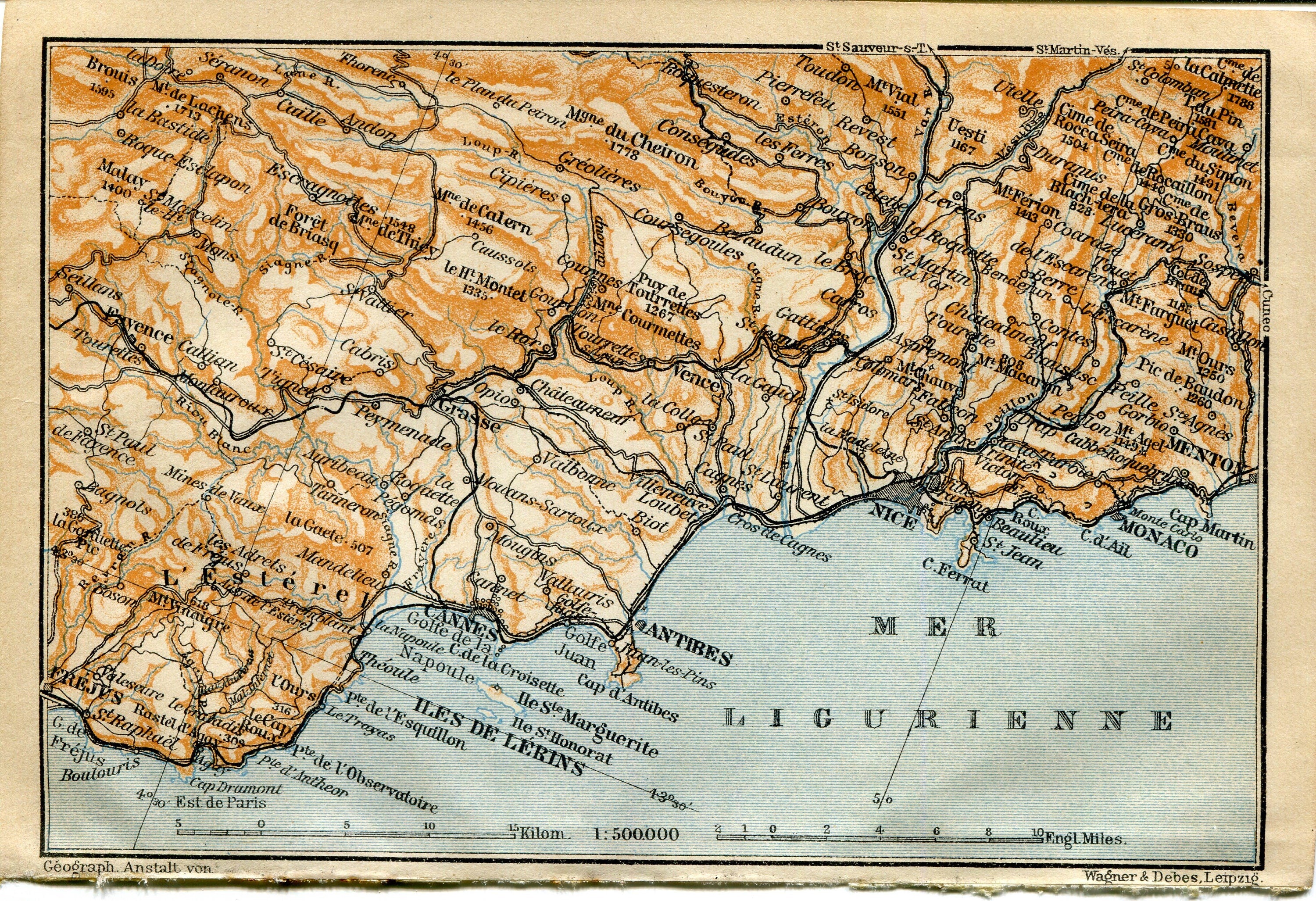 1914 Antibes, Nice, Monaco, Cannes, South of France, Antique Baedeker Map, Print