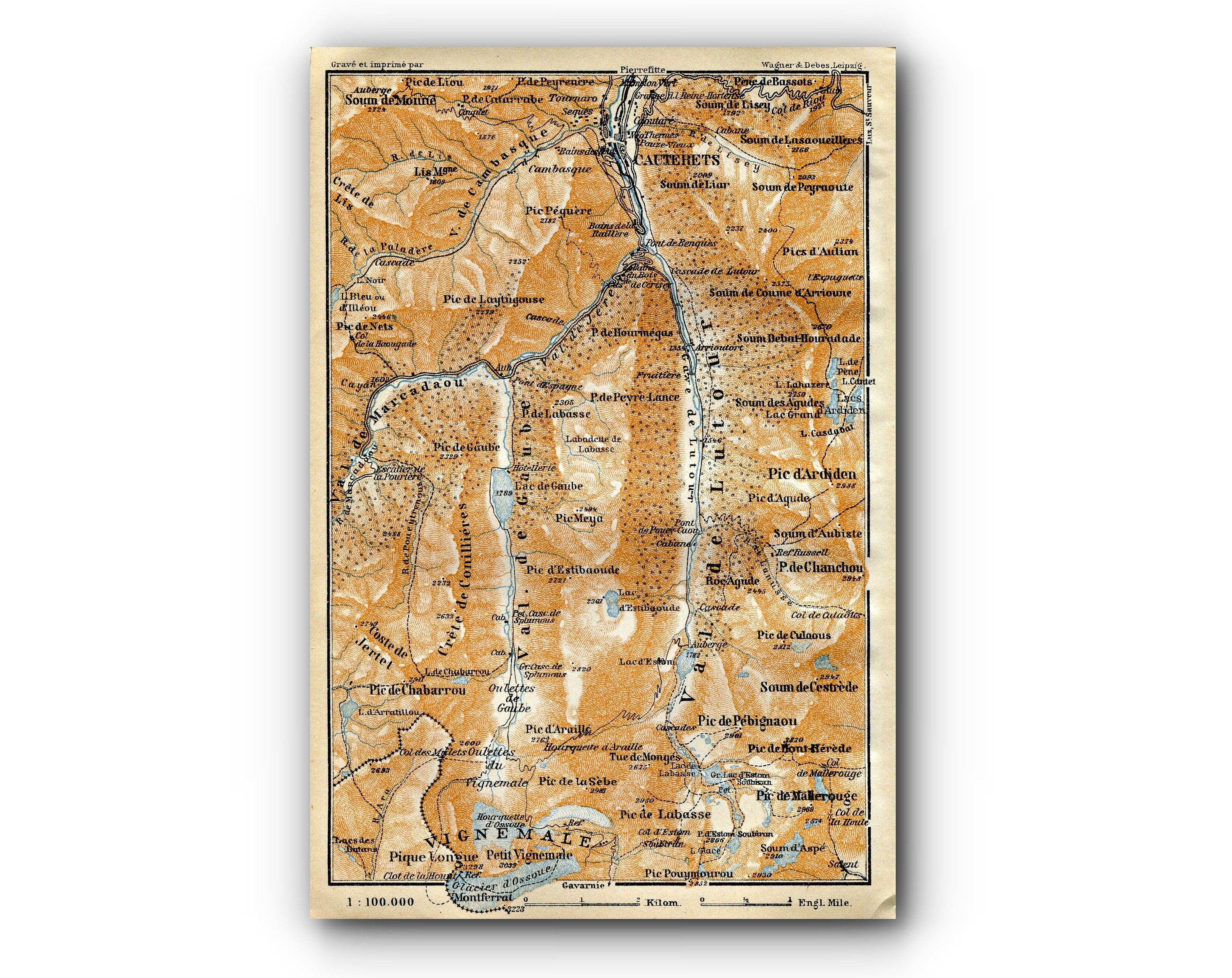 1914 Vignemale, Cauterets, South of France, Antique Baedeker Map, Print
