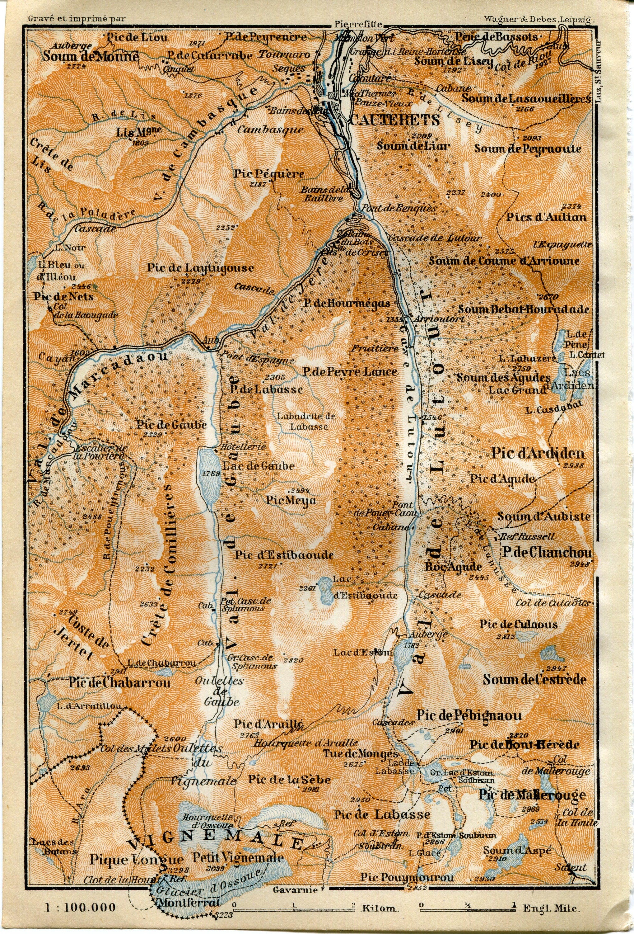 1914 Vignemale, Cauterets, South of France, Antique Baedeker Map, Print