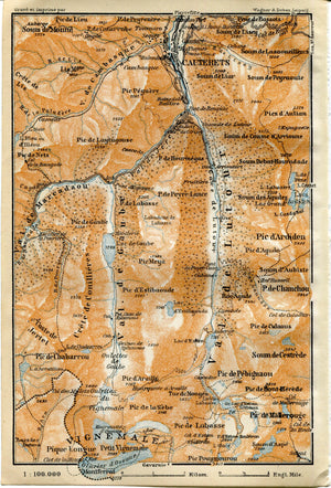 1914 Vignemale, Cauterets, South of France, Antique Baedeker Map, Print