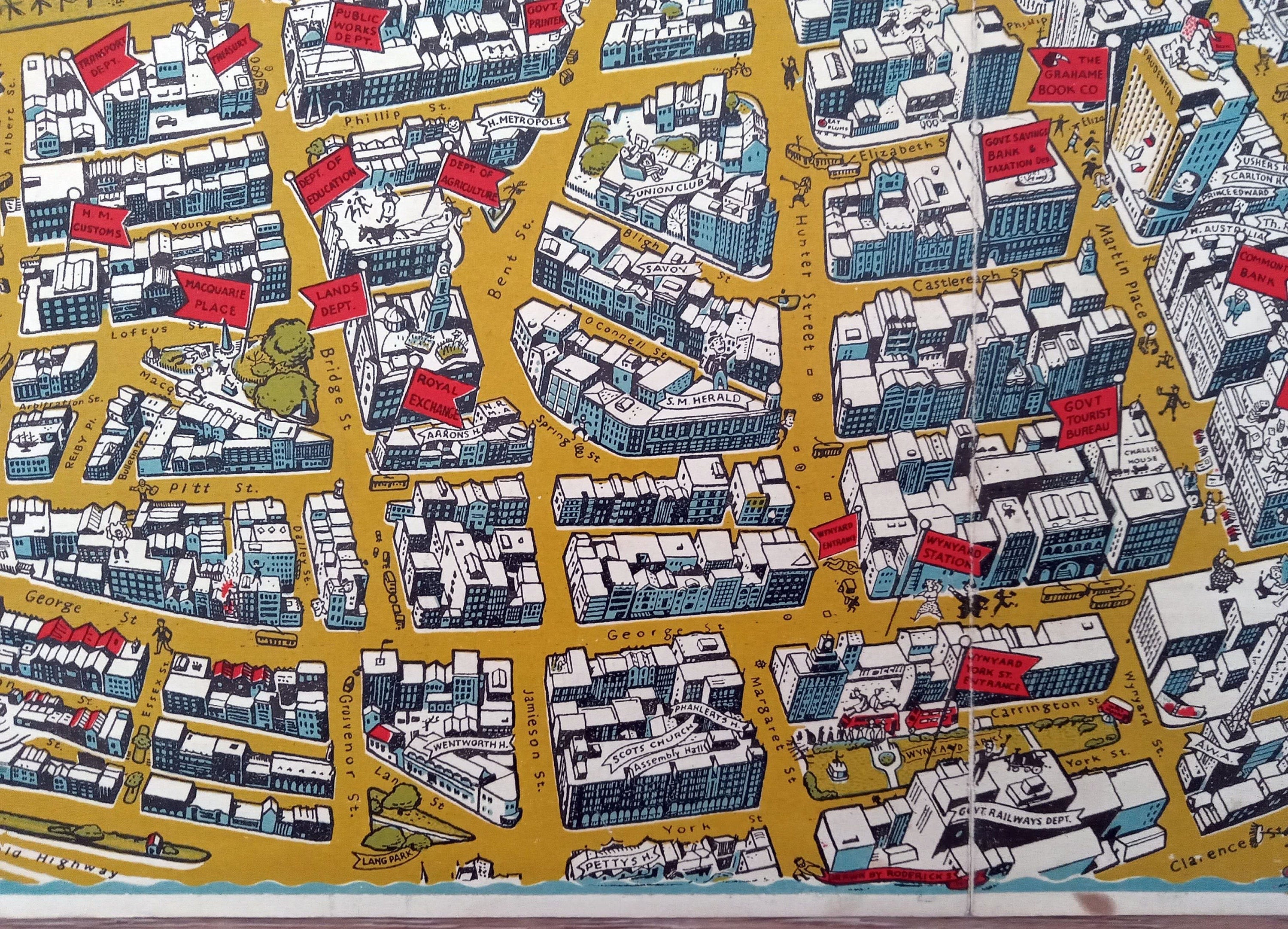 Rare 1948 Map of Sydney & Inhabitants Pictorial bird's-eye view by Roderick Shaw, Australia