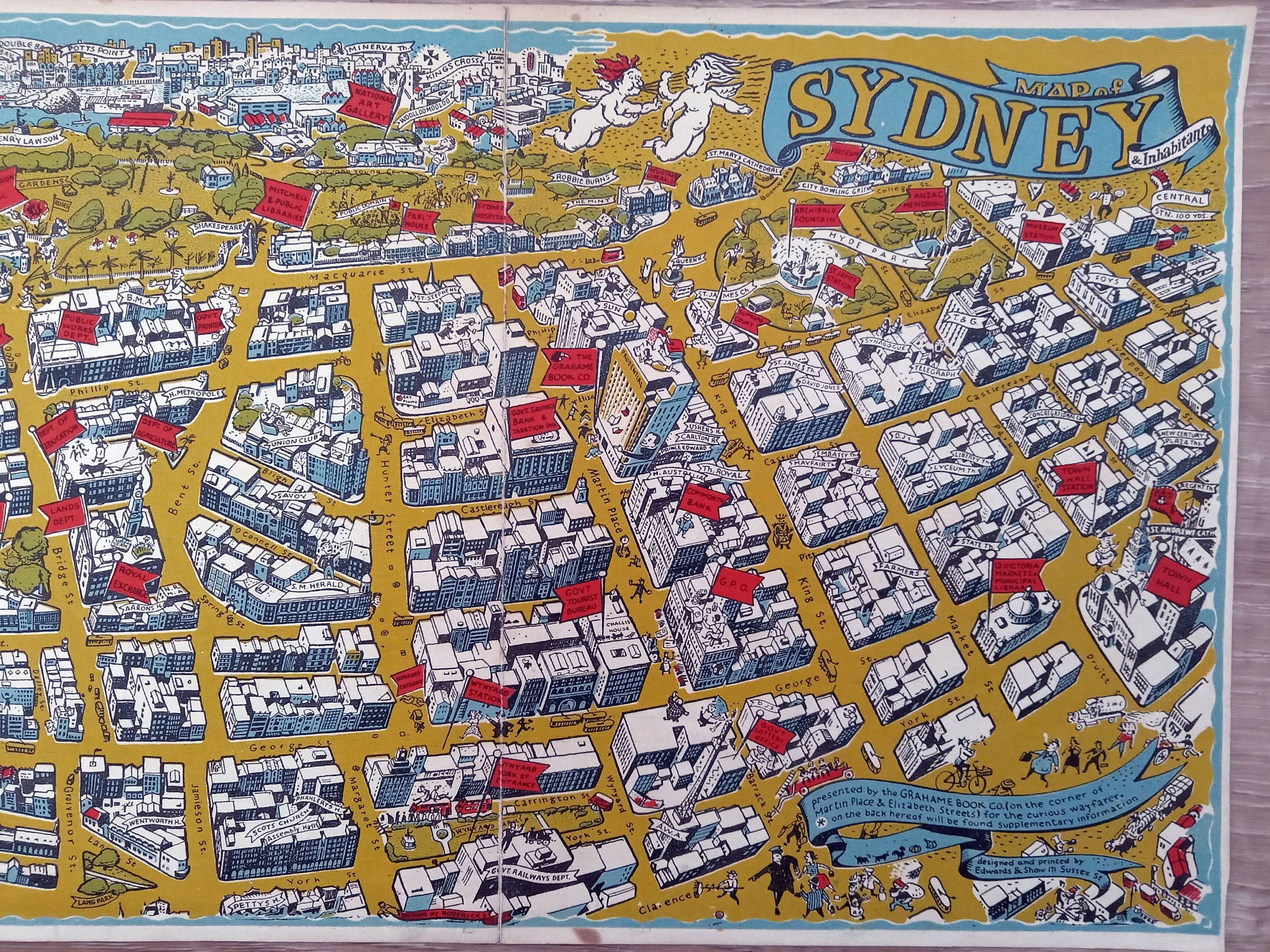 Rare 1948 Map of Sydney & Inhabitants Pictorial bird's-eye view by Roderick Shaw, Australia