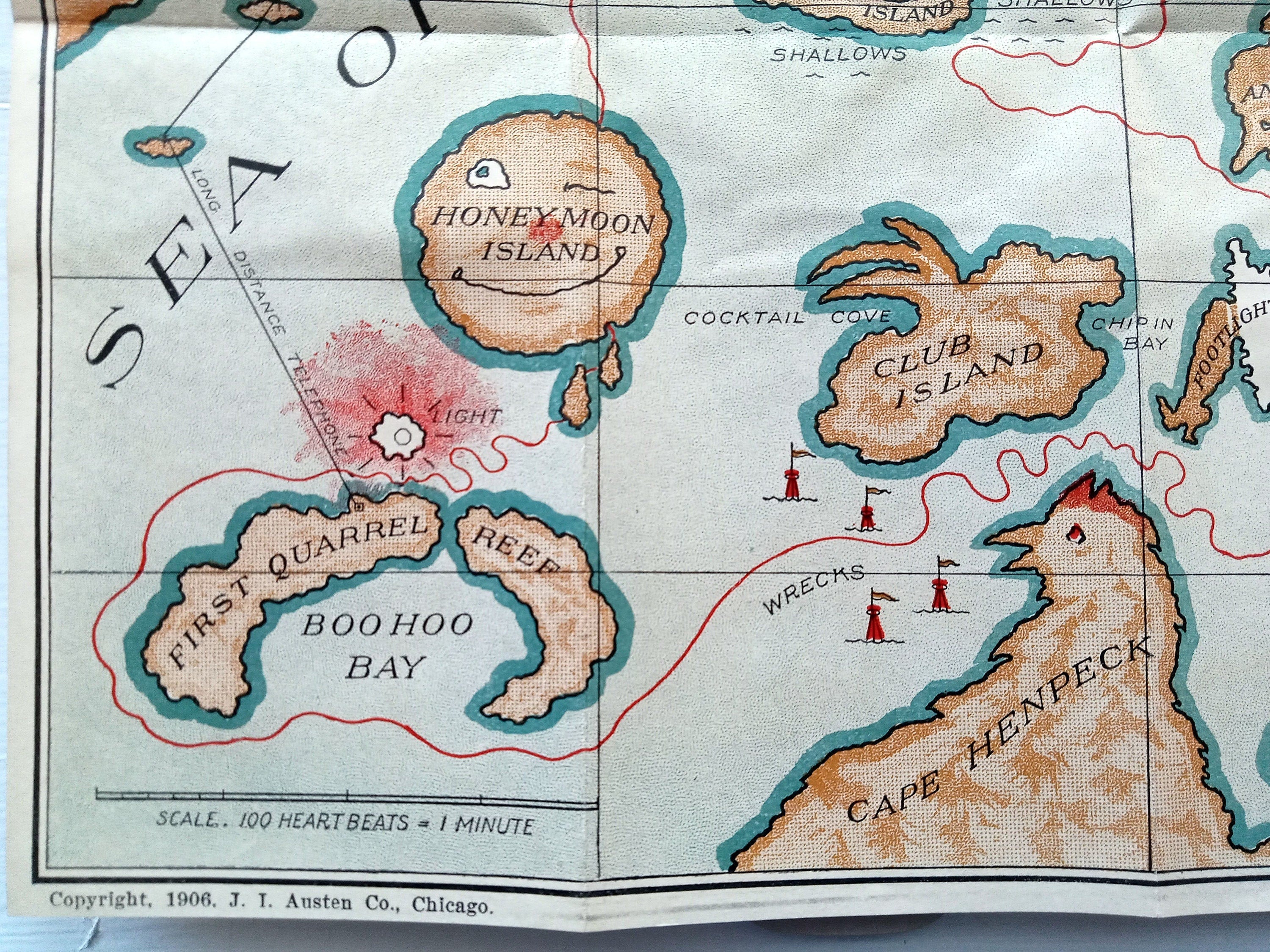 Rare 1906 Pictorial Allegorical Postcard Matrimony Map. A Safety Guide for those contemplating a trip on the Sea of Matrimony, Austen & Co 1