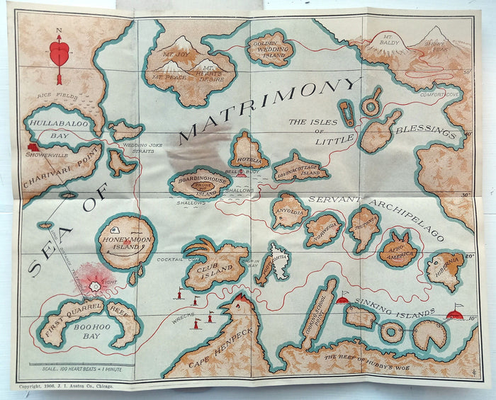 Rare 1906 Pictorial Allegorical Postcard Matrimony Map. A Safety Guide for those contemplating a trip on the Sea of Matrimony, Austen & Co