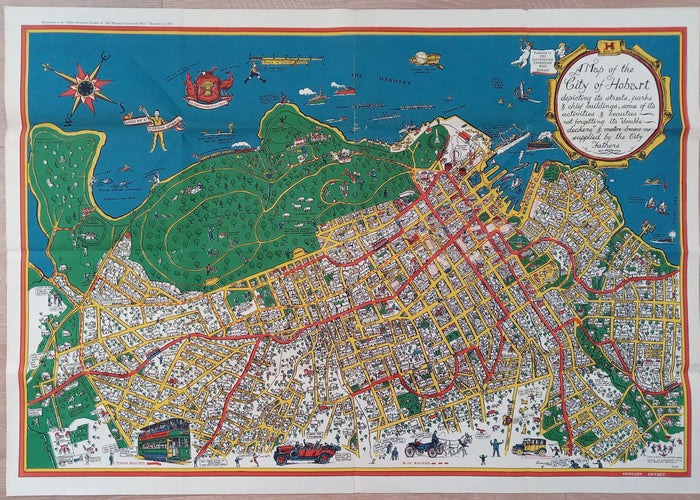 Very Rare 1927 Pictorial Map of the City of Hobart. Published by the Illustrated Tasmanian Mail. Hobart City Map, Tasmania, Australia