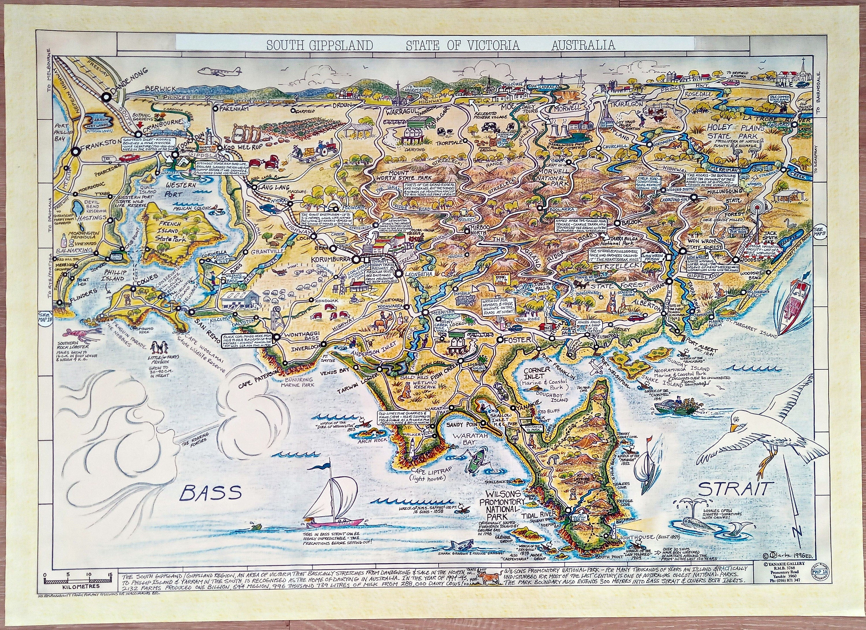 1996 South Gippsland, State of Victoria, Australia Pictorial Tourist Map Poster by David Clarke. Wilsons Promontory, Phillip & French Island