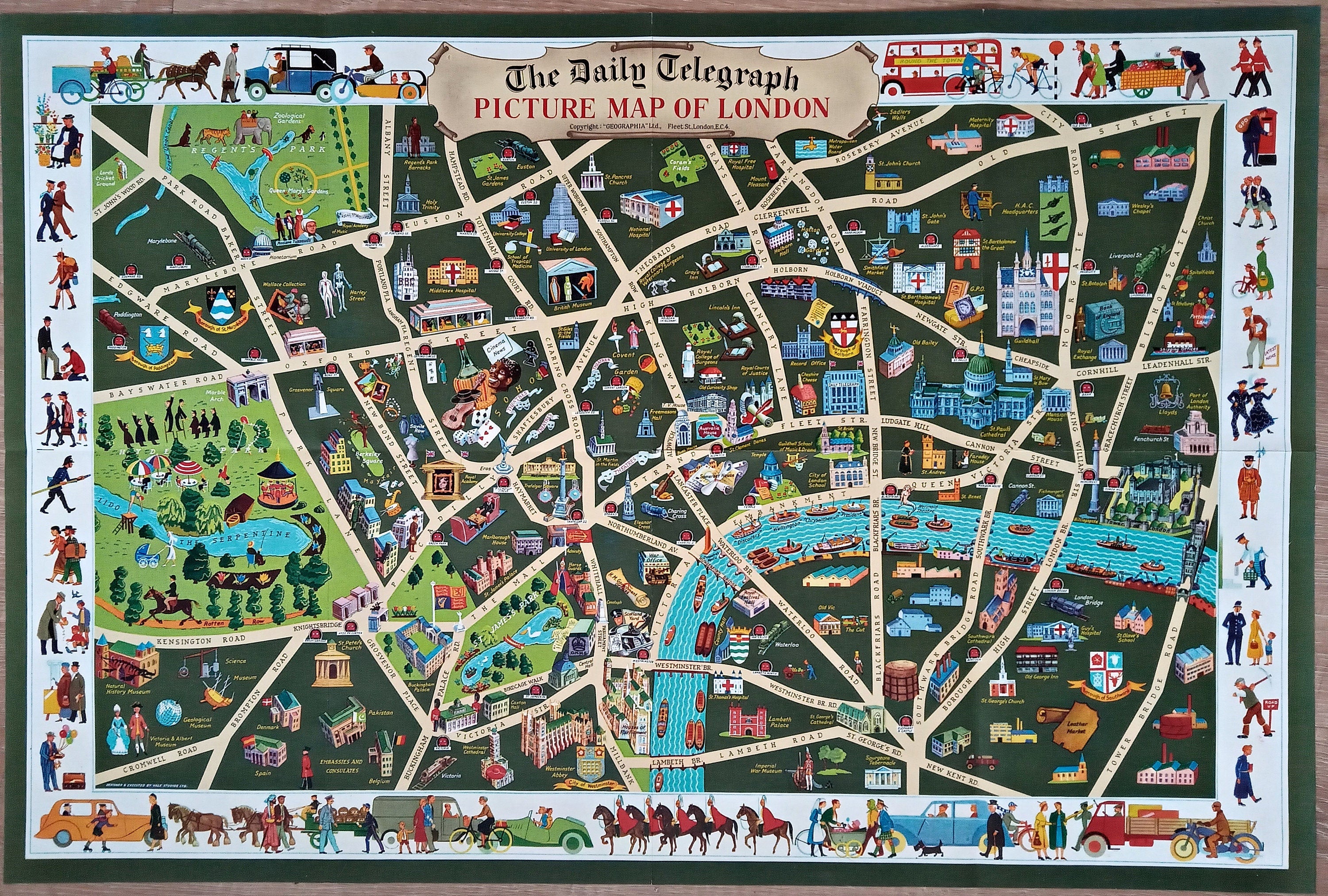 c.1950 The Daily Telegraph Picture Map of London by Vale Studios Ltd. Publisher - Geographia Ltd. Pictorial Map poster.