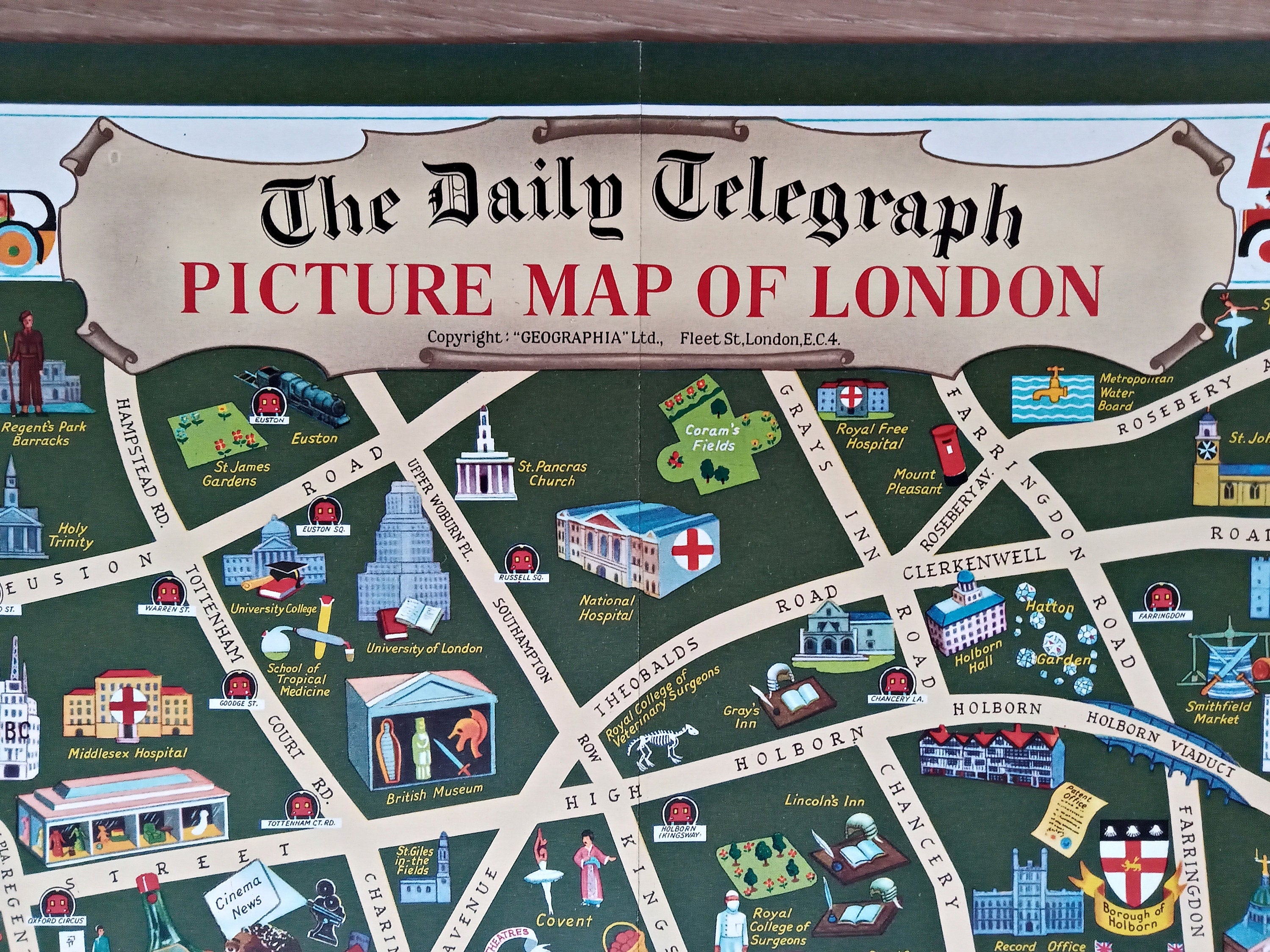 c.1950 The Daily Telegraph Picture Map of London by Vale Studios Ltd. Publisher - Geographia Ltd. Pictorial Map poster.