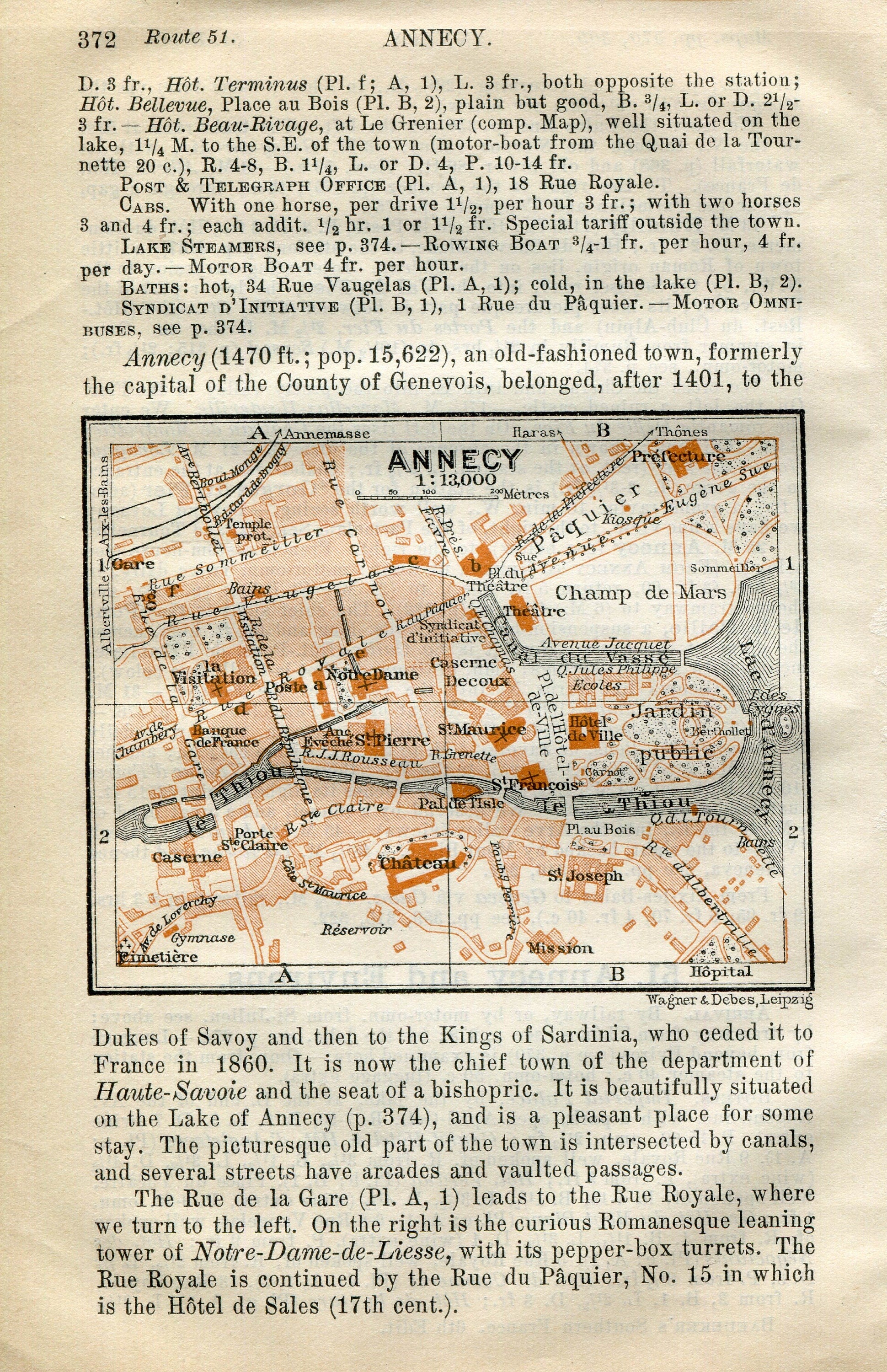 1914 Annecy, South of France Town Plan, Antique Baedeker Map, Print