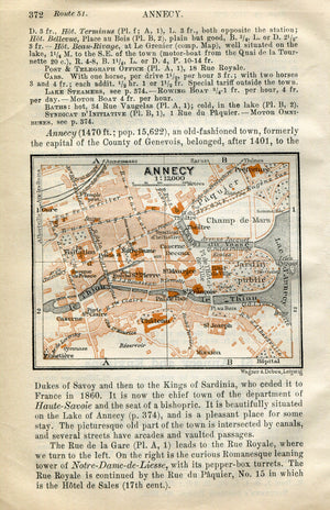 1914 Annecy, South of France Town Plan, Antique Baedeker Map, Print