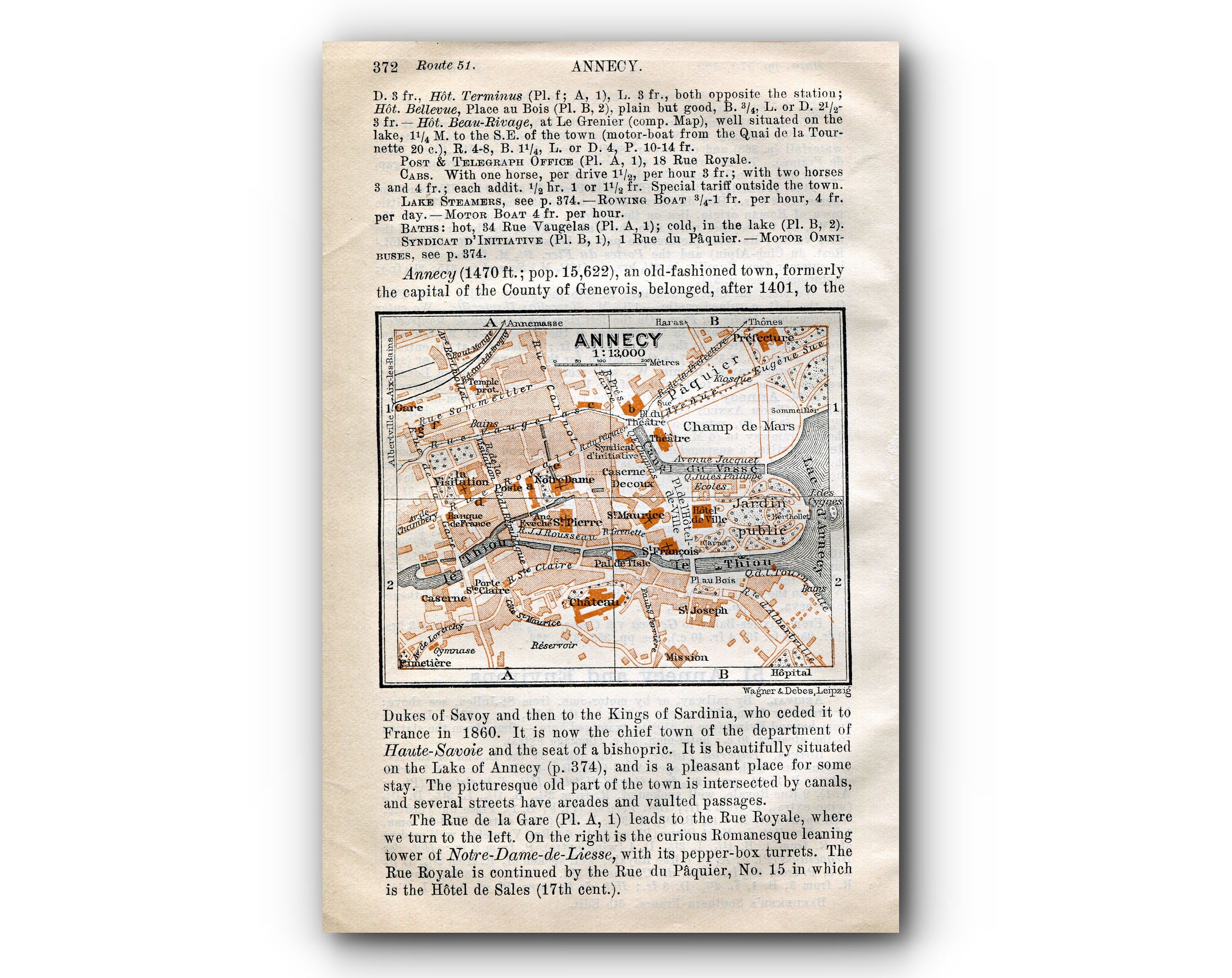 1914 Annecy, South of France Town Plan, Antique Baedeker Map, Print