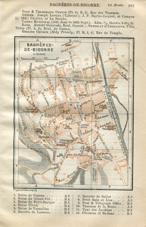 1914 Bagners De Bigorre, South of France Town Plan, Antique Baedeker Map, Print