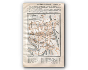 1914 Bagners De Bigorre, South of France Town Plan, Antique Baedeker Map, Print