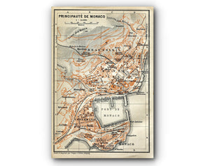 1914 Principaute De Monaco, Monte Carlo, South of France Town Plan, Antique Baedeker Map, Print