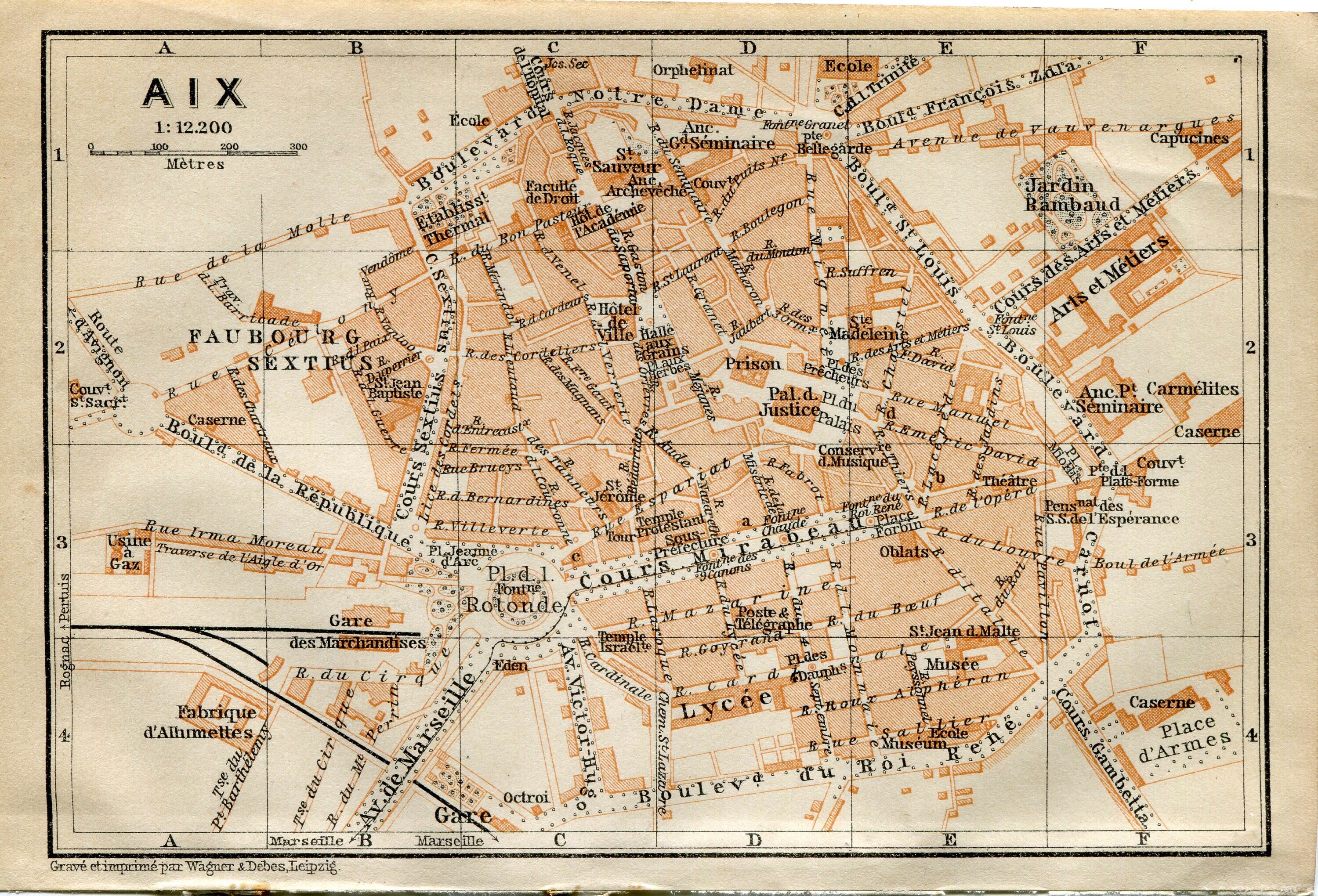1914 Aix, South of France Town Plan, Antique Baedeker Map, Print