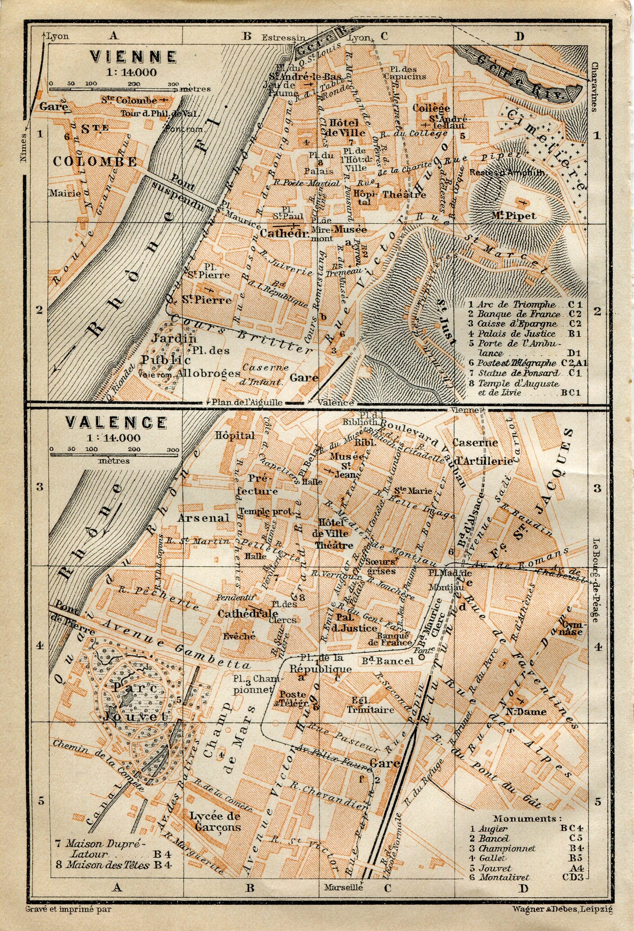 1914 Vienne & Valence, South of France Town Plan, Antique Baedeker Map, Print