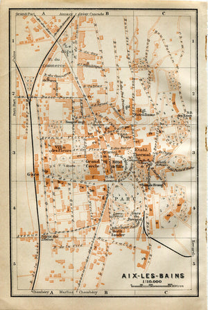 1914 Aix-Les-Bains, South of France Town Plan, Antique Baedeker Map, Print