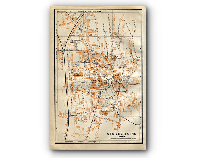 1914 Aix-Les-Bains, South of France Town Plan, Antique Baedeker Map, Print