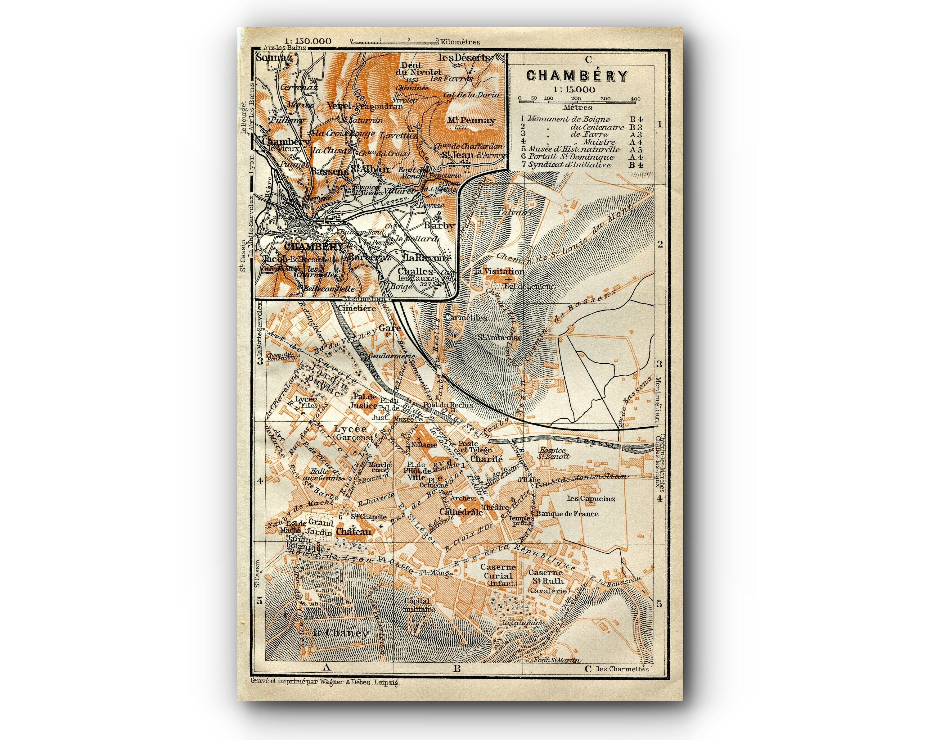 1914 Chambery, South of France Town Plan, Antique Baedeker Map, Print