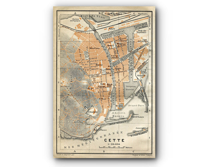 1914 Cette, South of France Town Plan, Antique Baedeker Map, Print