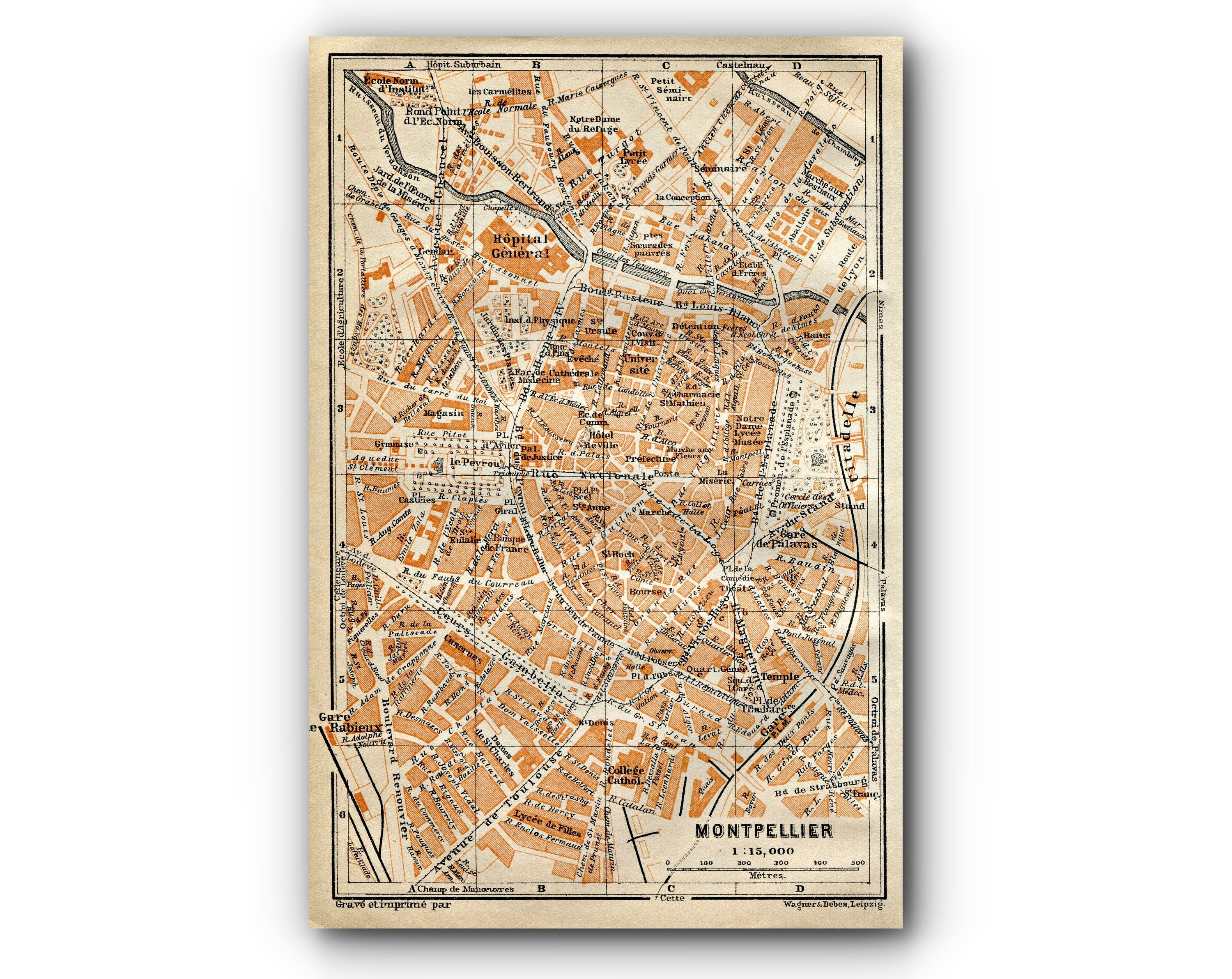 1914 Montpellier, South of France Town Plan, Antique Baedeker Map, Print