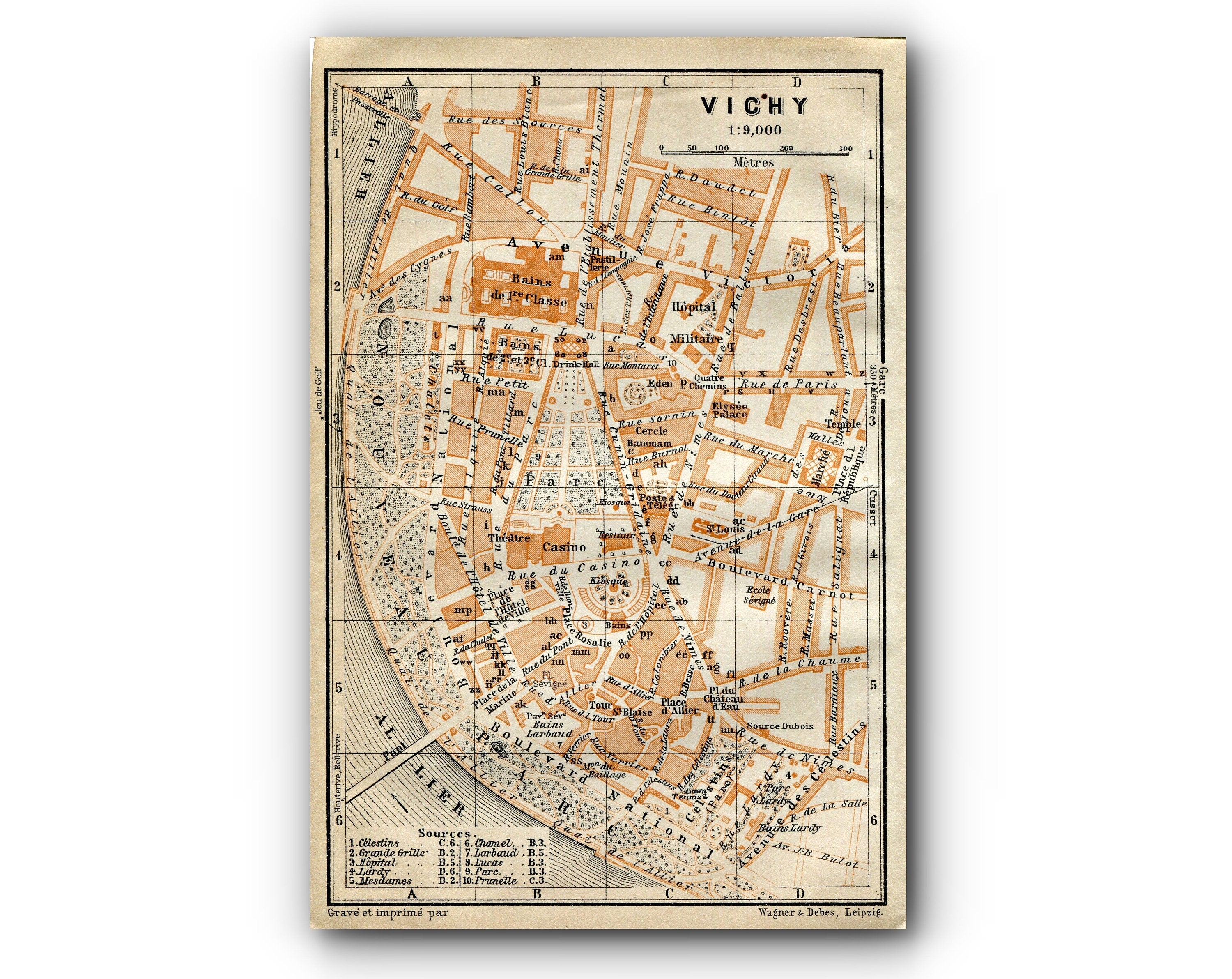 1914 Vichy, South of France Town Plan, Antique Baedeker Map, Print