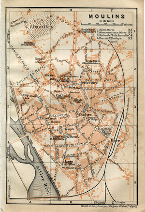 1914 Moulins, South of France Town Plan, Antique Baedeker Map, Print