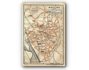 1914 Moulins, South of France Town Plan, Antique Baedeker Map, Print