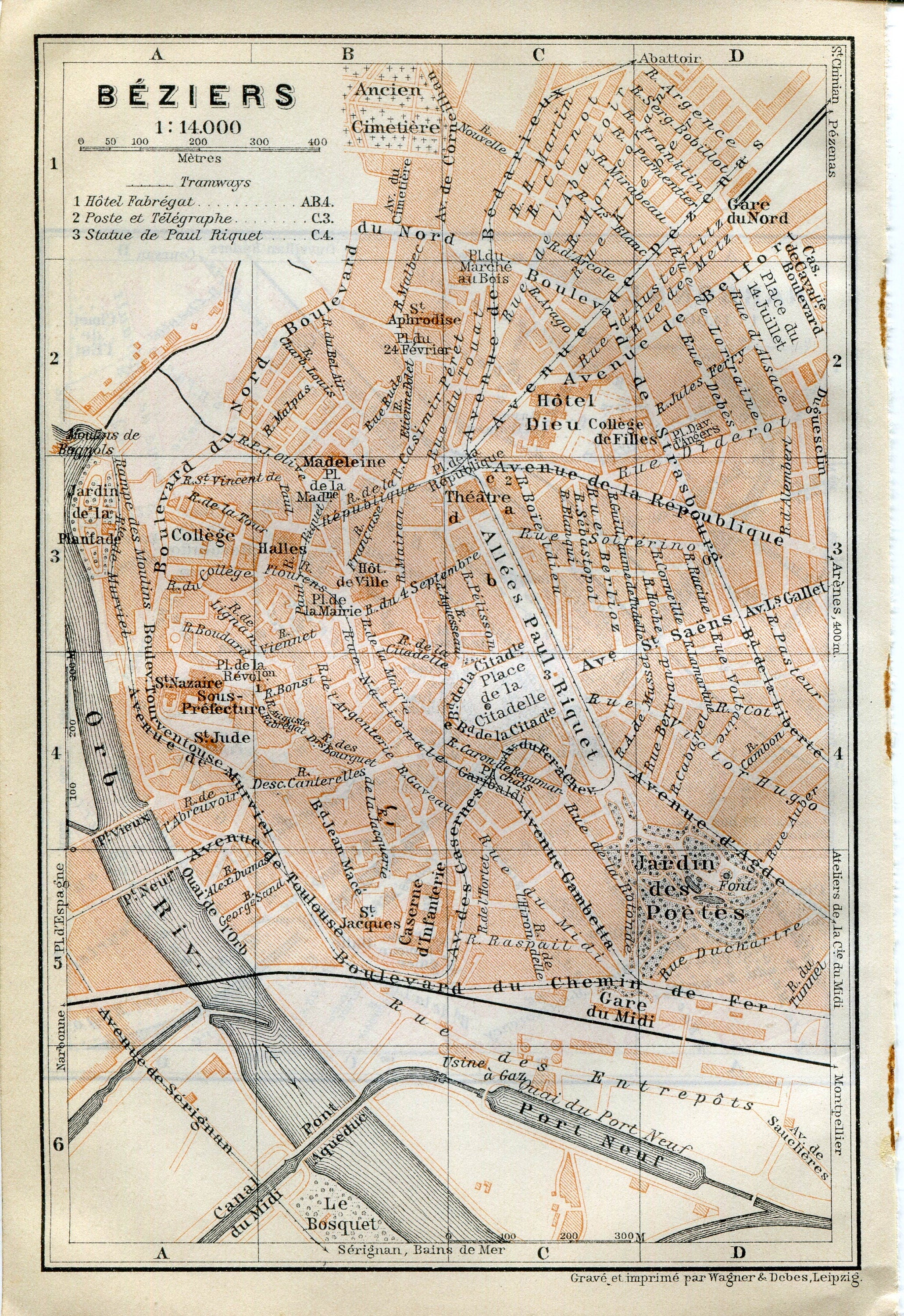 1914 Beziers, Narbonne, South of France Town Plan, Antique Baedeker Map, Print
