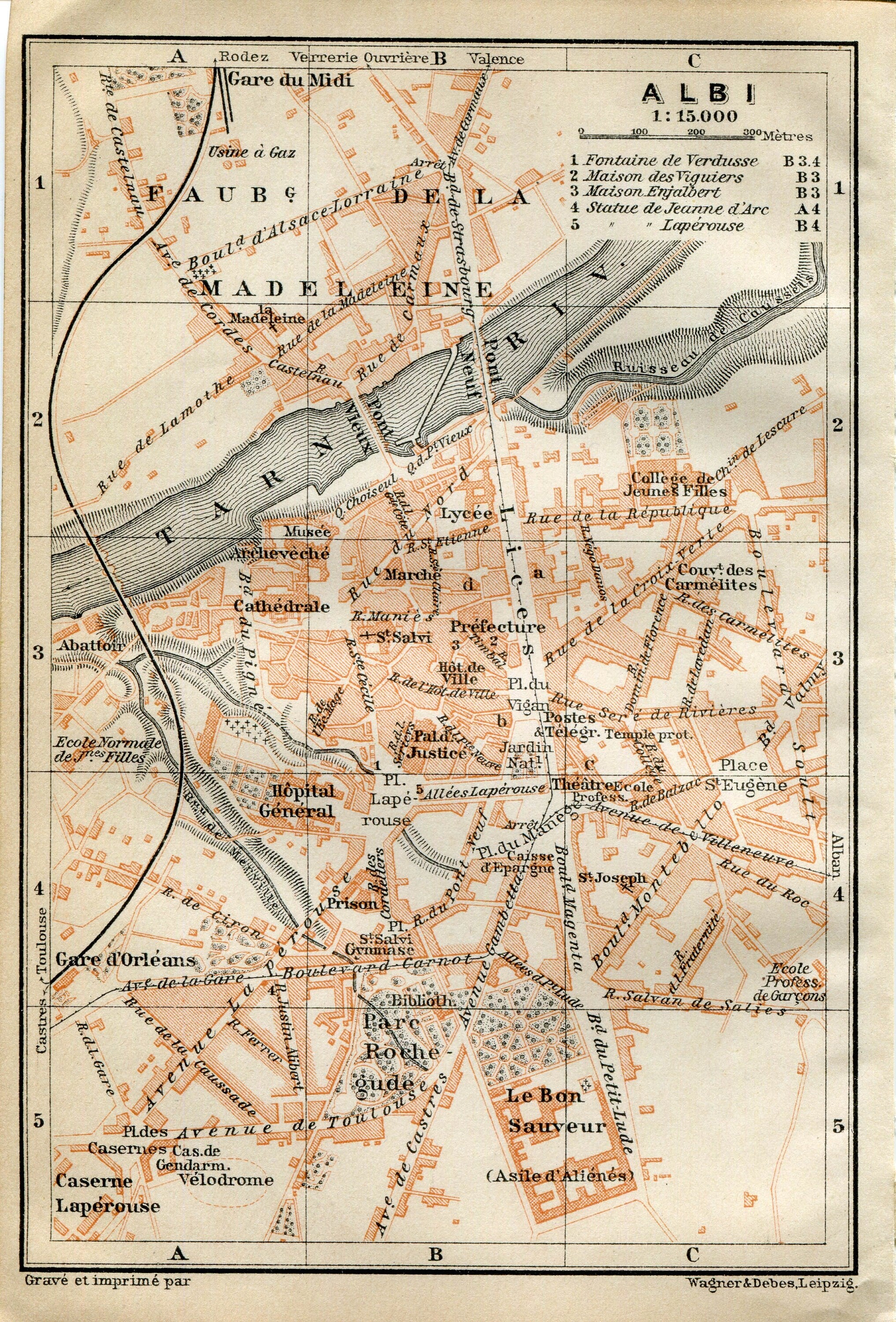 1914 Albi, South of France Town Plan, Antique Baedeker Map, Print