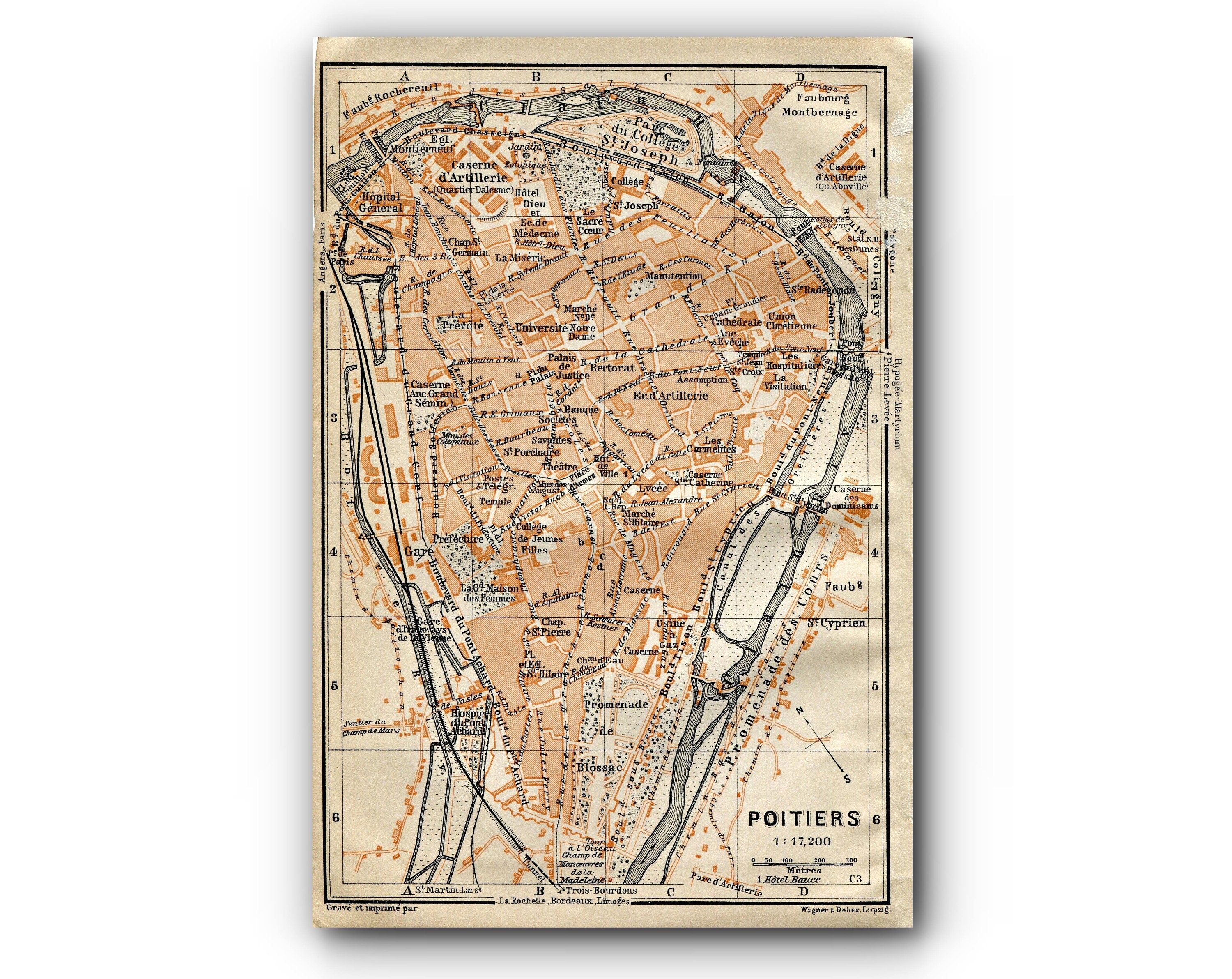 1914 Poitiers, South of France Town Plan, Antique Baedeker Map, Print