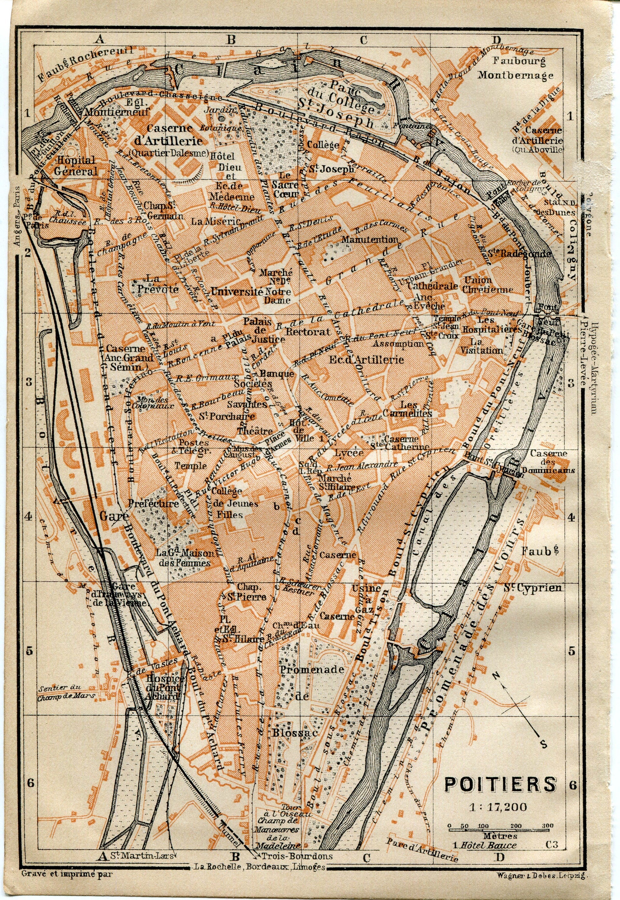 1914 Poitiers, South of France Town Plan, Antique Baedeker Map, Print