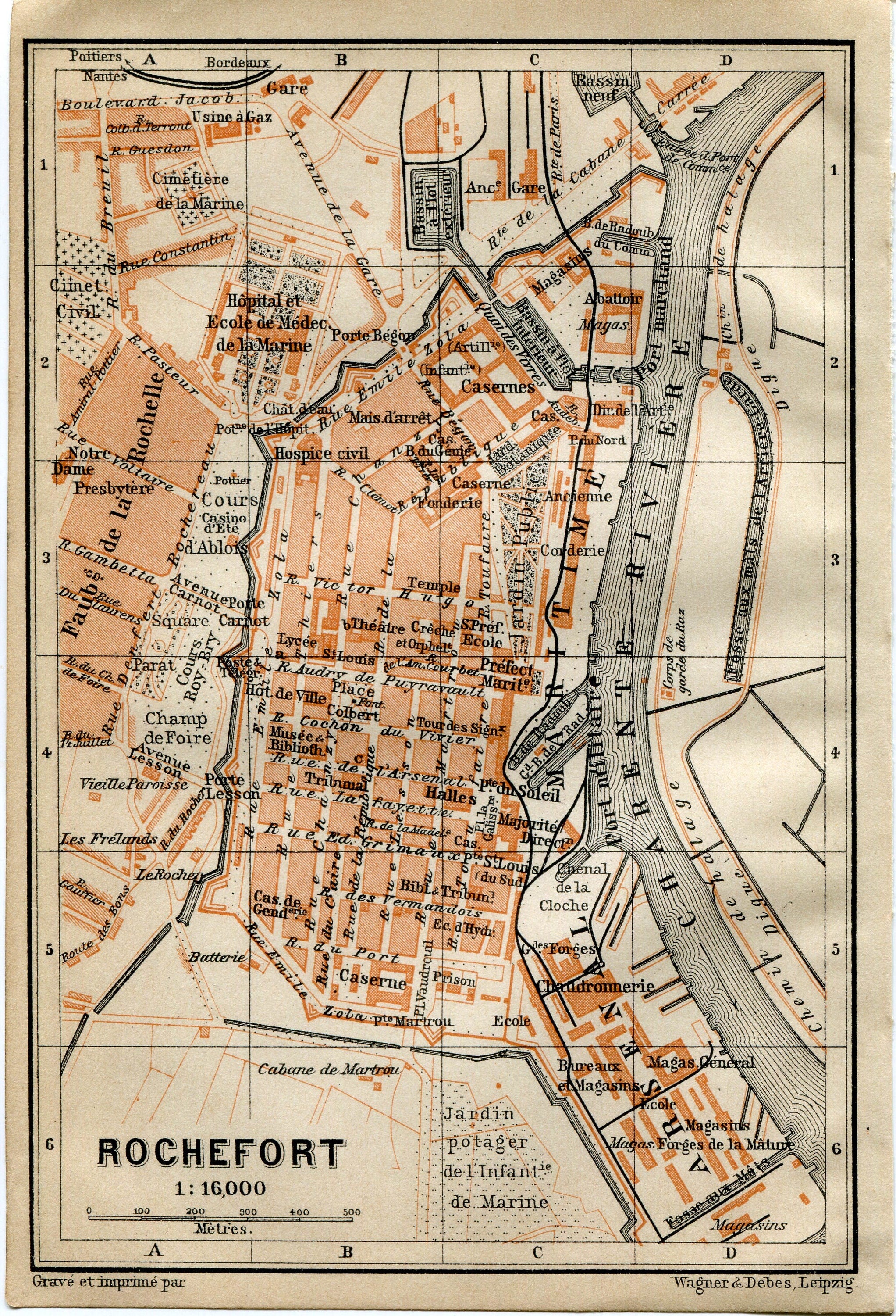 1914 Rochefort, South of France Town Plan, Antique Baedeker Map, Print