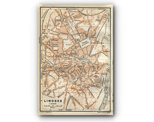 1914 Limoges, South of France Town Plan, Antique Baedeker Map, Print