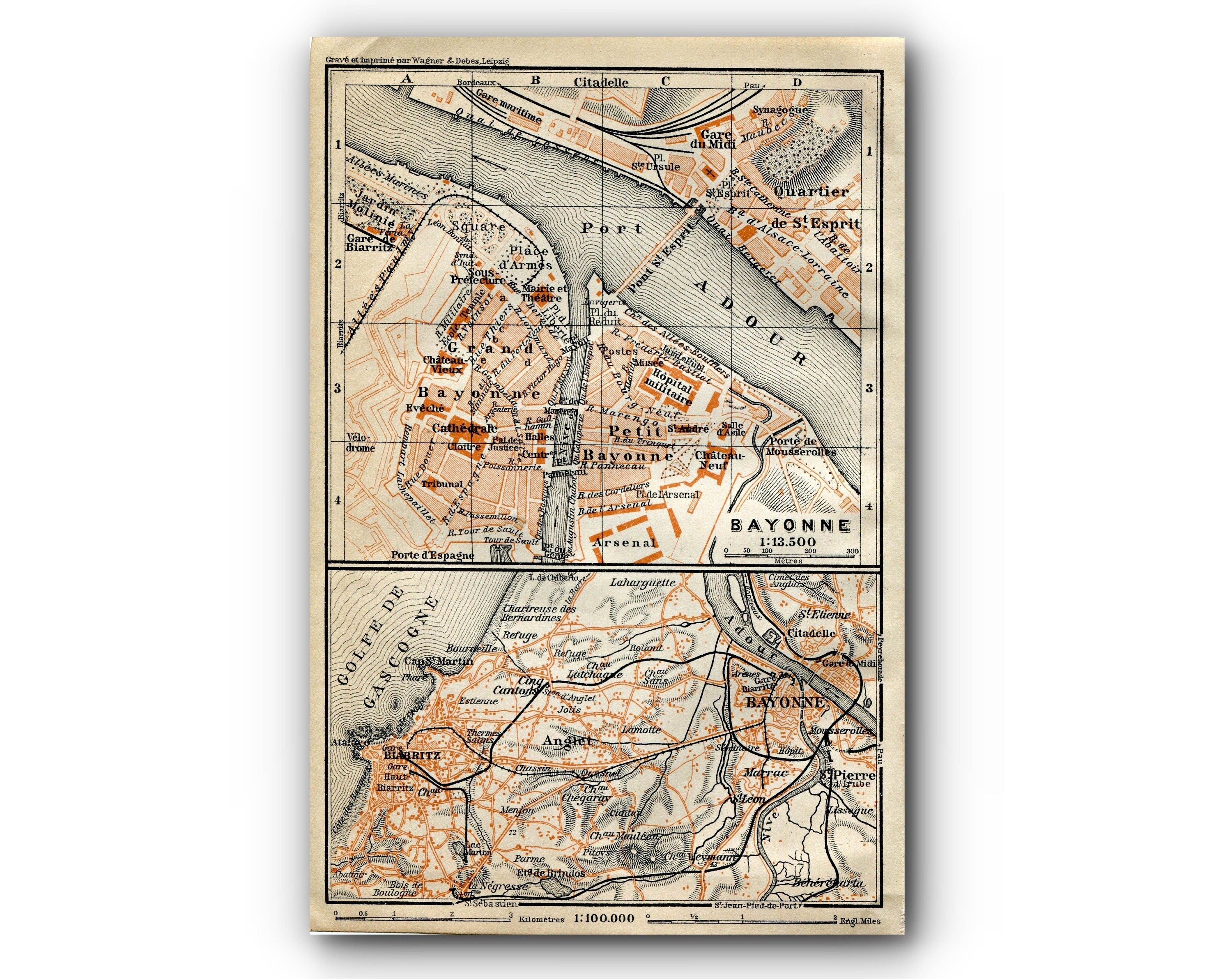 1914 Bayonne, South of France Town Plan, Antique Baedeker Map, Print