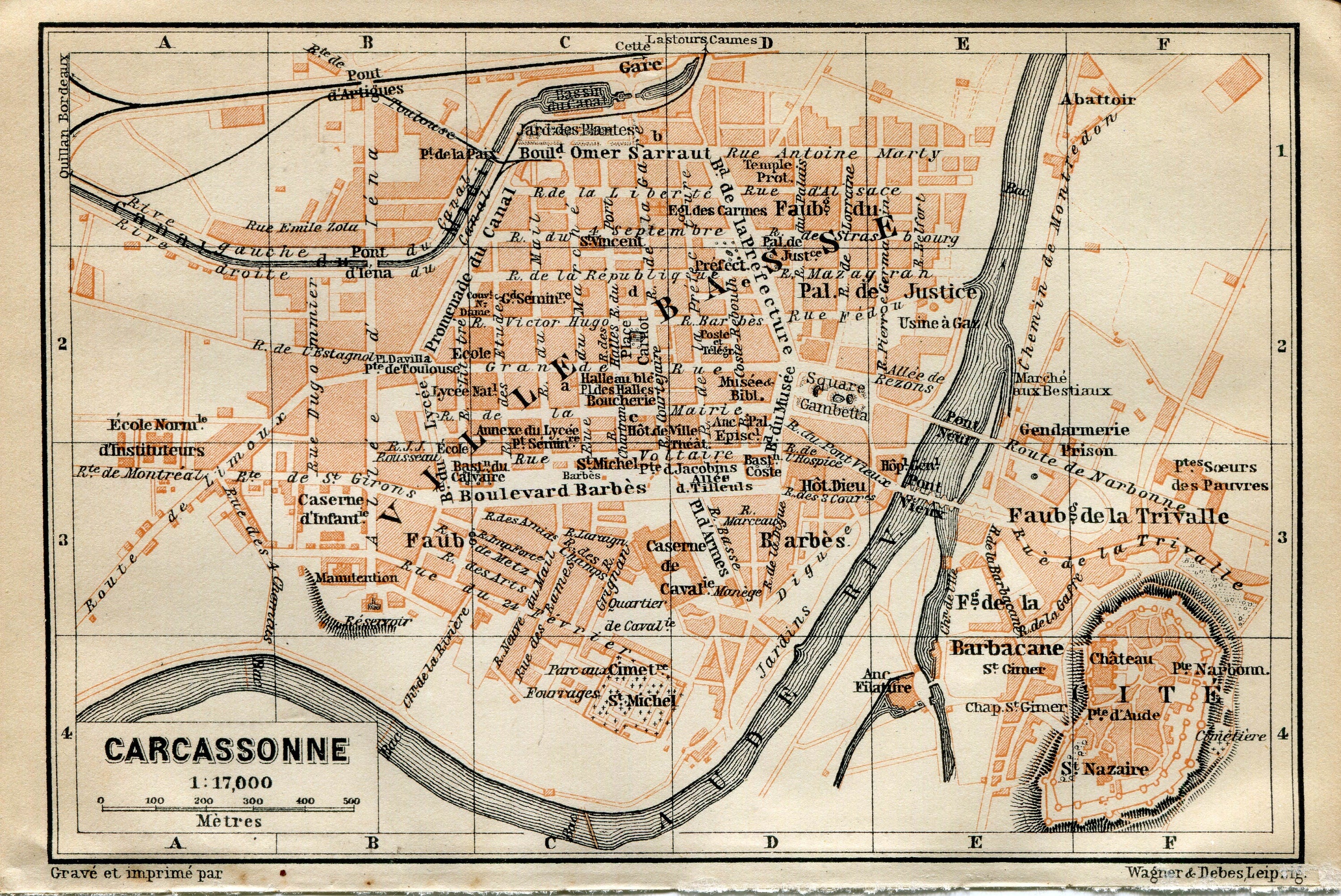 1914 Carcassonne, South of France Town Plan, Antique Baedeker Map, Print
