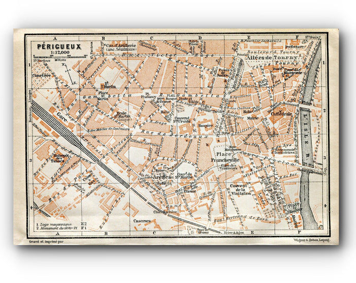 1914 Perigueux, South of France Town Plan, Antique Baedeker Map, Print