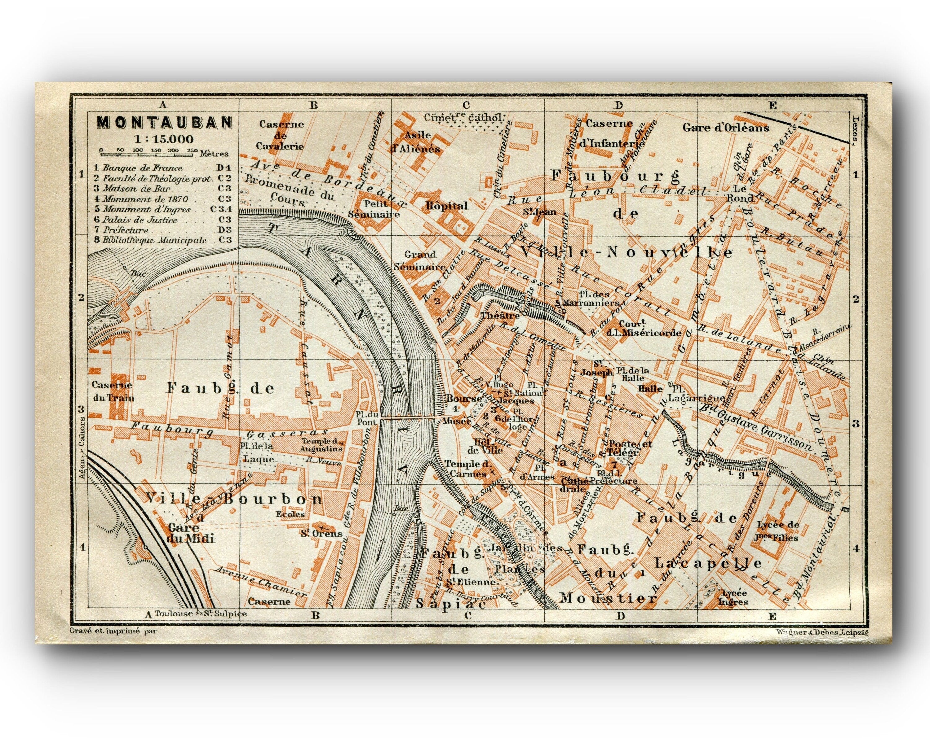 1914 Montauban, South of France Town Plan, Antique Baedeker Map, Print