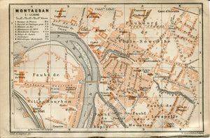 1914 Montauban, South of France Town Plan, Antique Baedeker Map, Print
