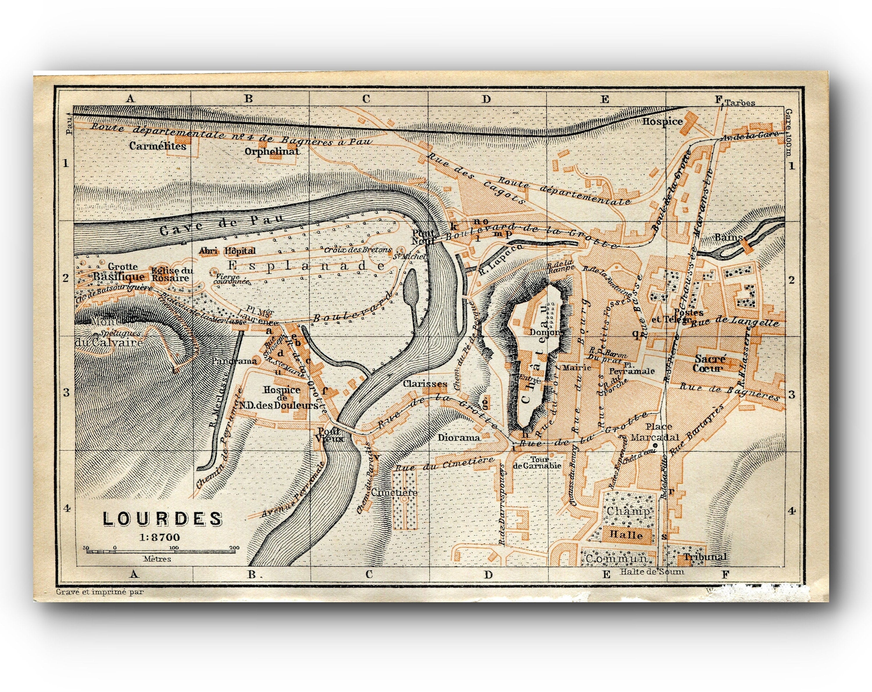 1914 Lourdes, South of France Town Plan, Antique Baedeker Map, Print