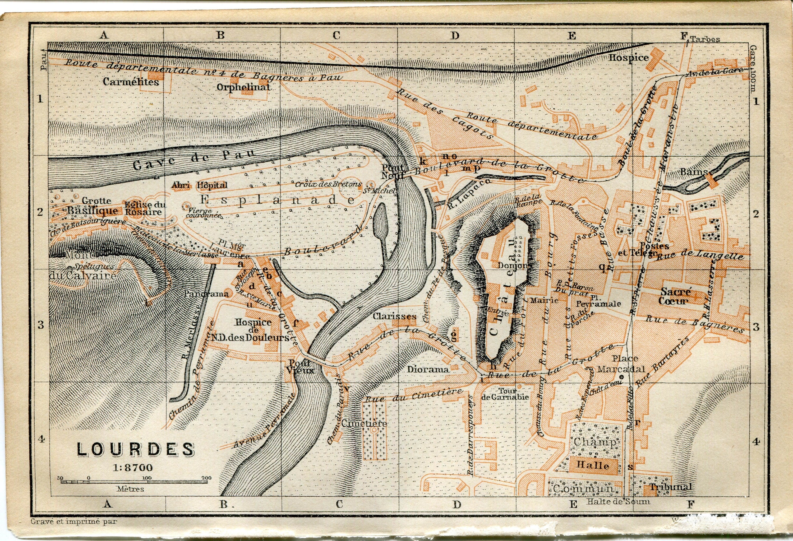 1914 Lourdes, South of France Town Plan, Antique Baedeker Map, Print