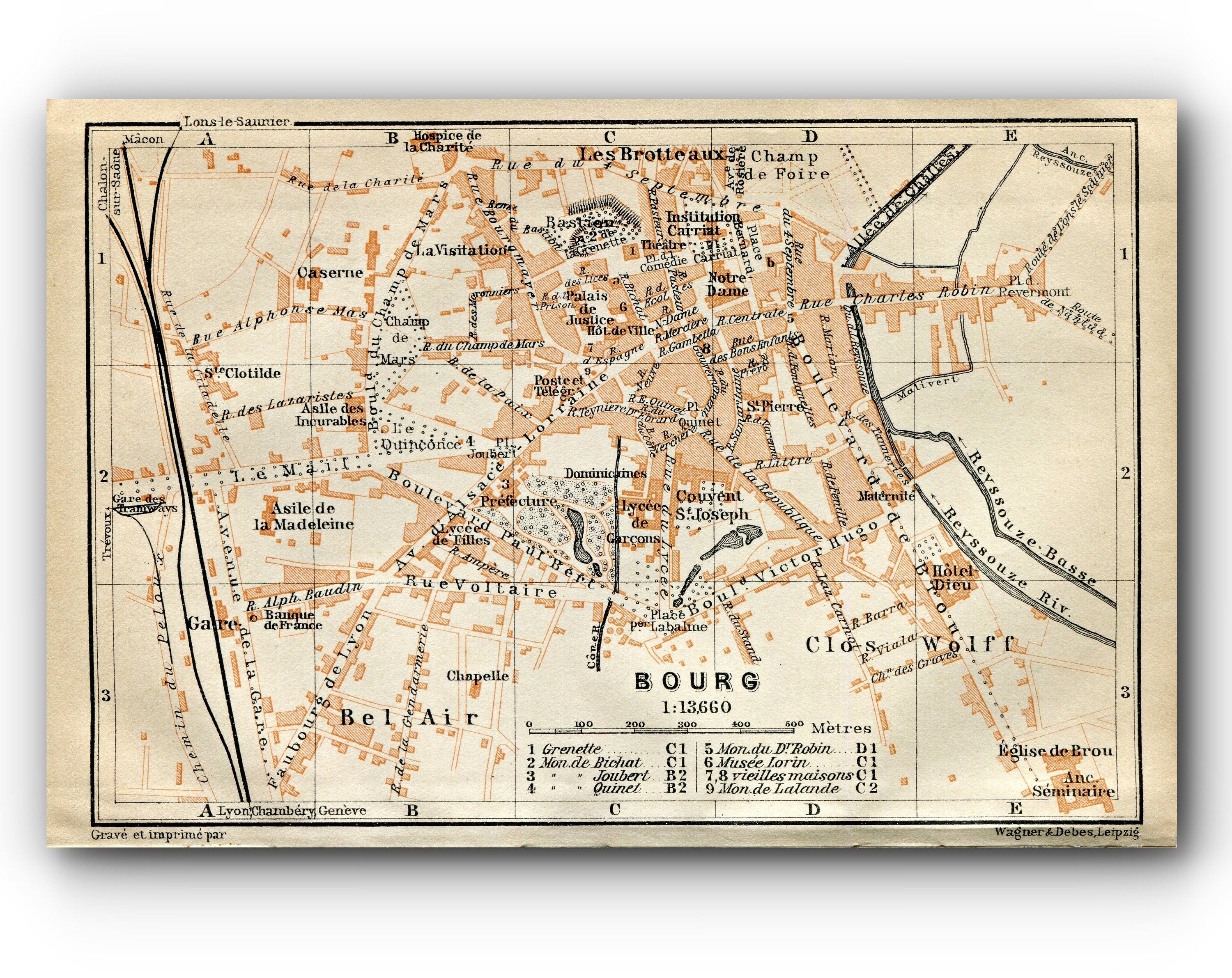 1914 Bourg, South of France Town Plan, Antique Baedeker Map, Print